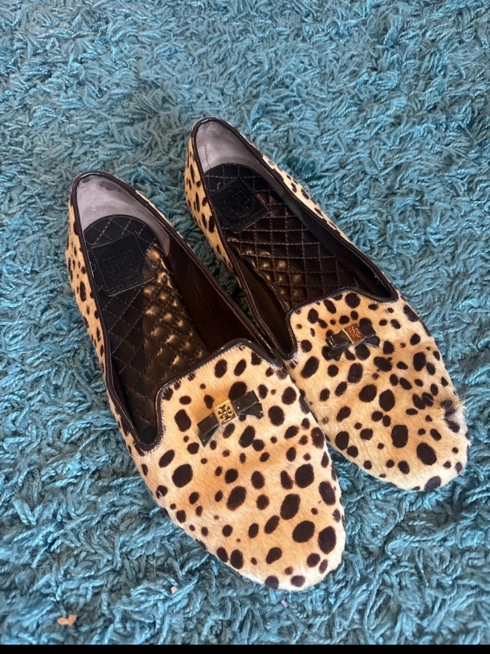 Tory Burch Leopard-Print Slip-On Cow Hair Flats in Tan and Black